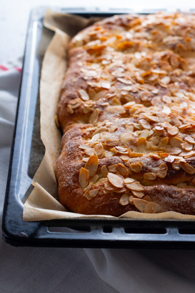 Baked Butterkuchen in a pan.