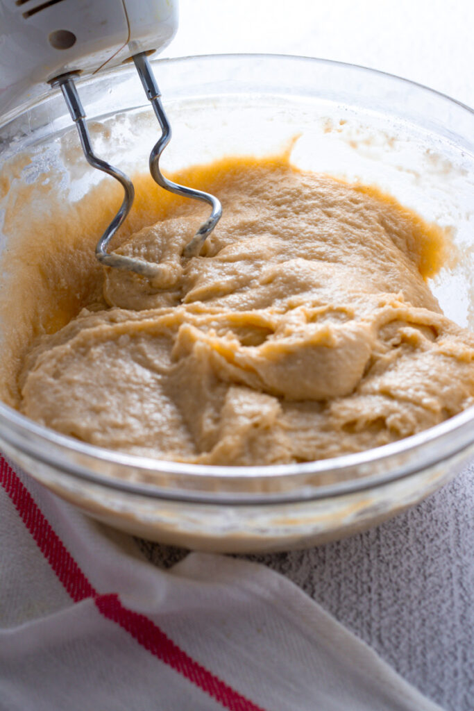 Mixed yeast dough with dough hooks.