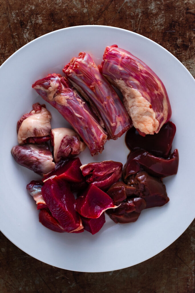 Goose giblets and innards on a plate.