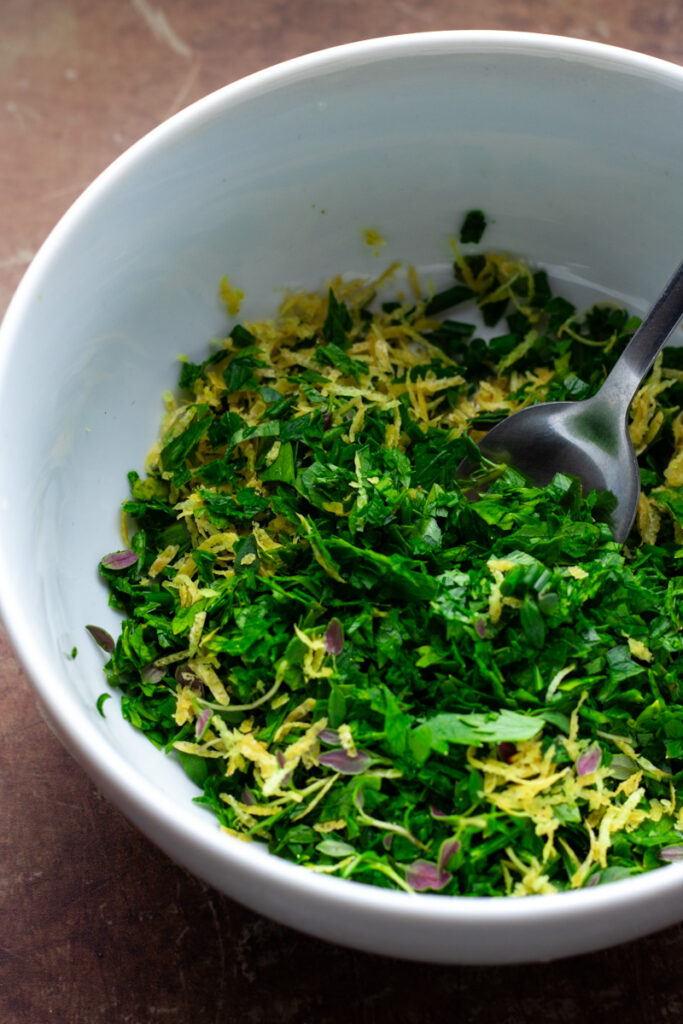 Fresh Herb Gremolata made from chives, parsley, thyme and lemon zest.