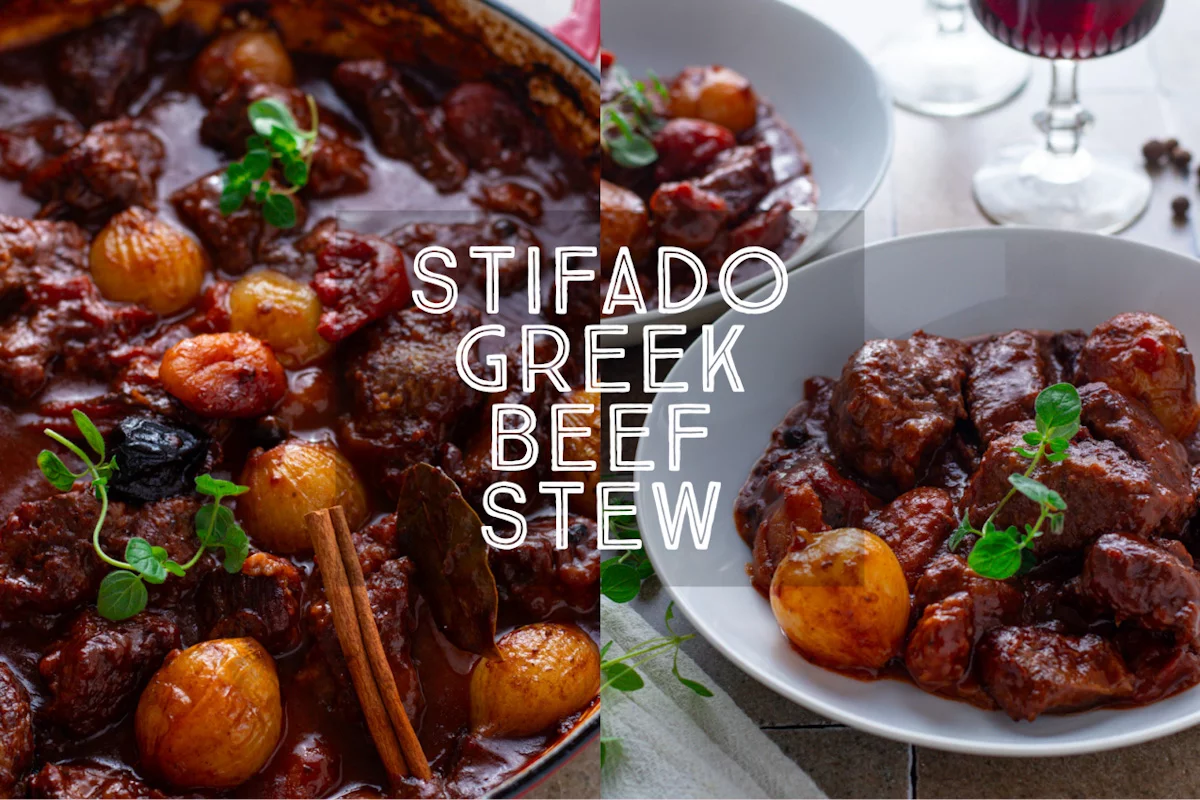 Stifado Greek Beef Stew title card.