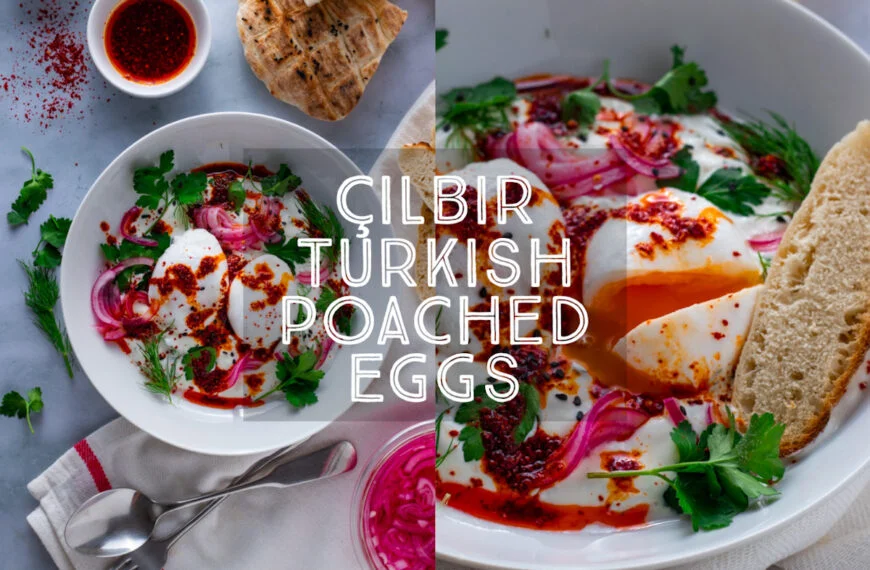 Turkish poached eggs recipe title card.