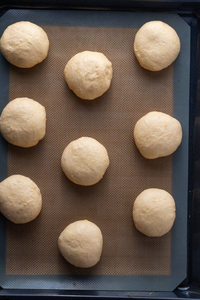 Potato Buns shaped and waiting to rise on a tray.