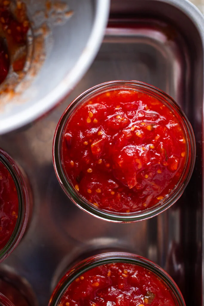 Tomato Relish in jars seen from above.