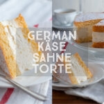 German Käse-Sahne Torte on a cake stand.