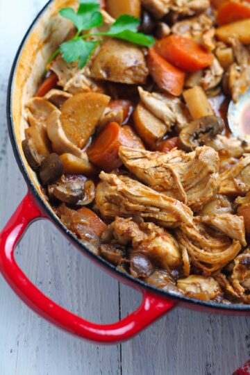 Classic chicken stew in a red pot with tender chicken, carrots, potatoes, and mushrooms.