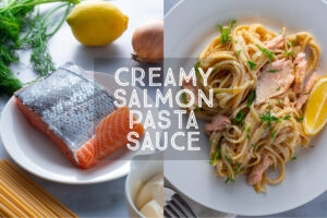 Creamy Salmon Pasta Recipe Title Card.