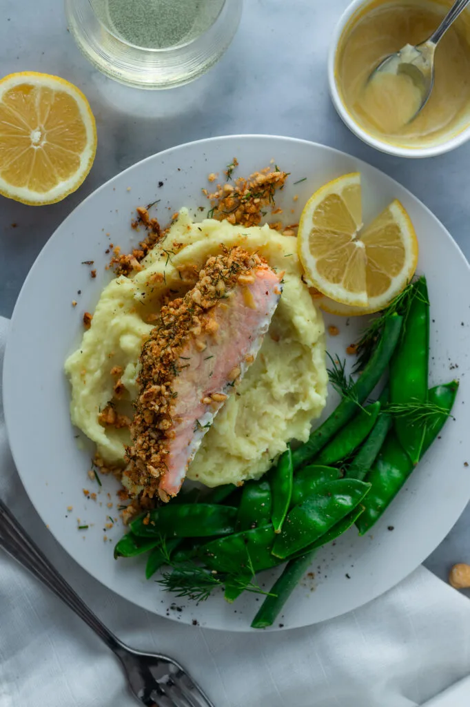 Hazelnut crusted salmon title card.