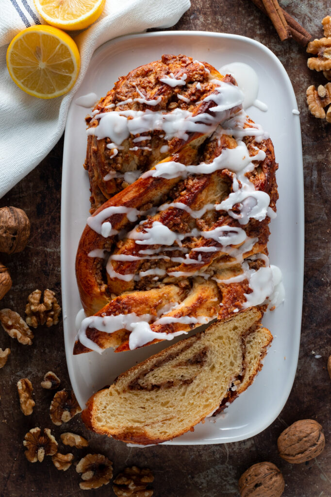 German Nusszopf or braided nut bread seen from above.