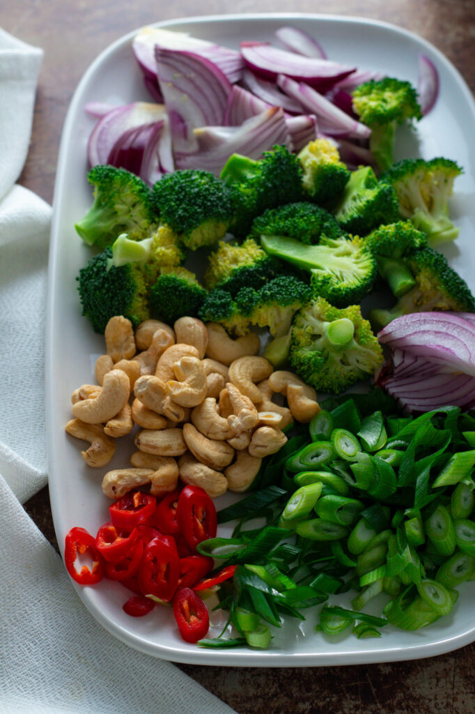 Ingredients for easy pork stir fry on a plate.