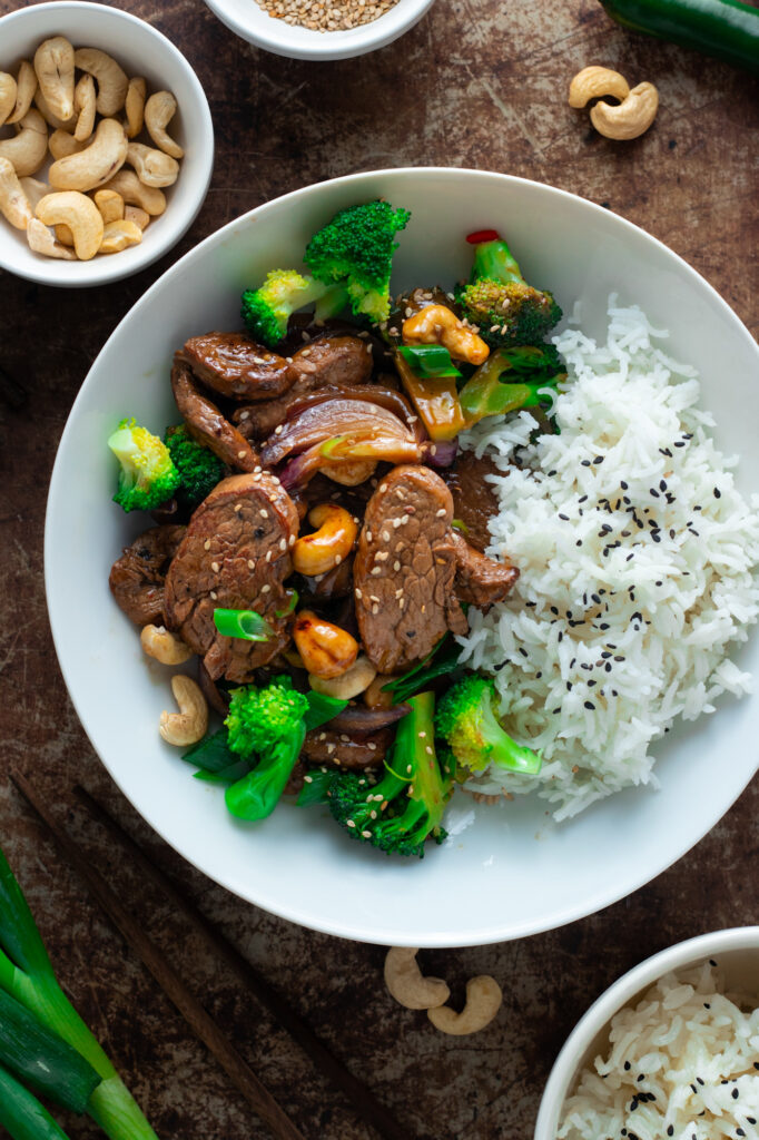 Pork and broccoli stir fry in a bowl.