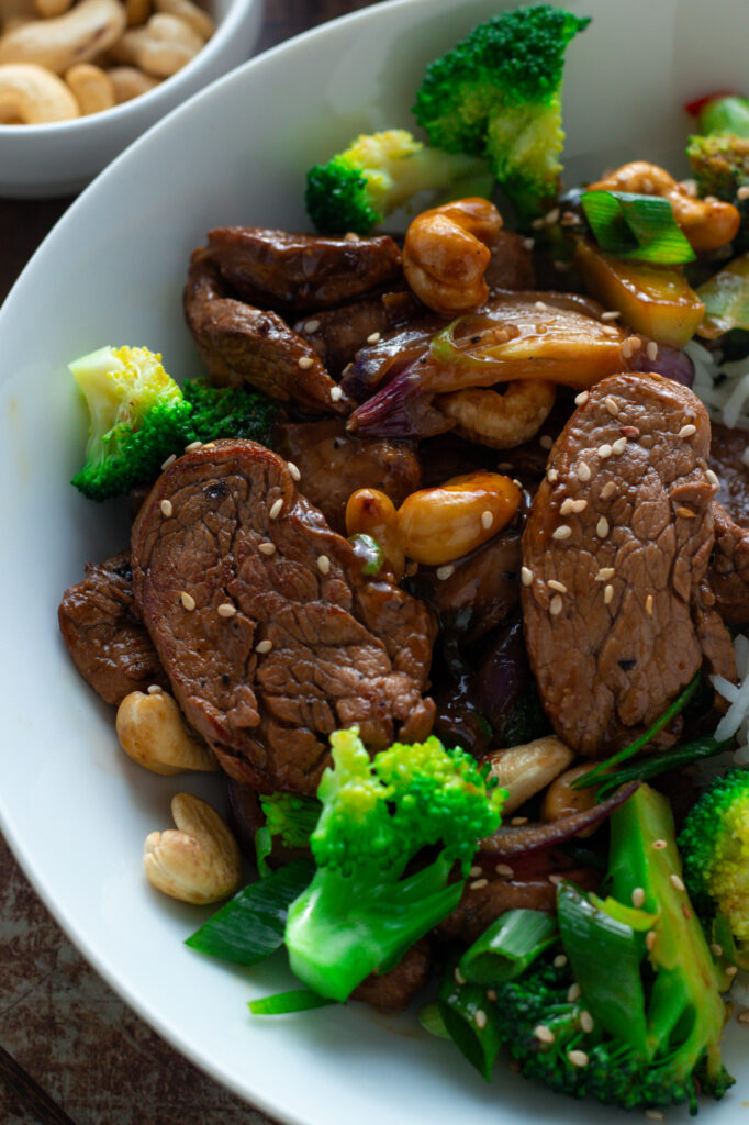 Pork and broccoli stir fry in a bowl.