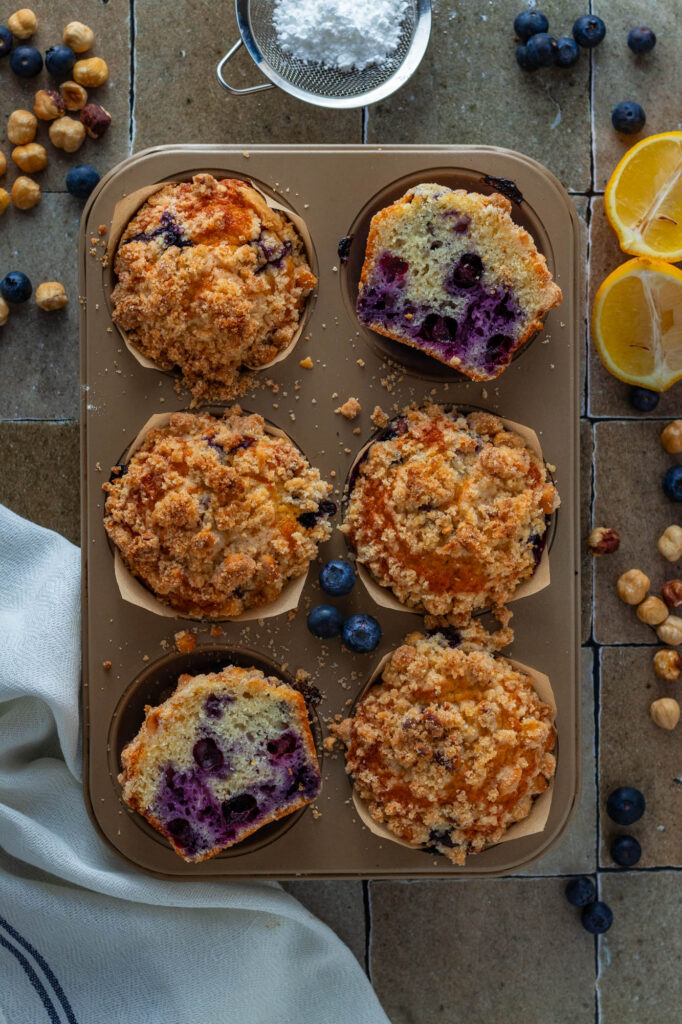 Blueberry Streusel Crumble muffins seen from above.