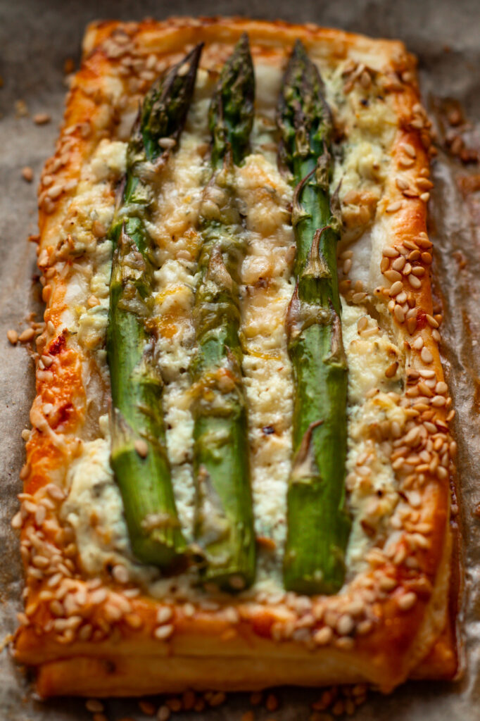 A baked asparagus and goat cheese tart.