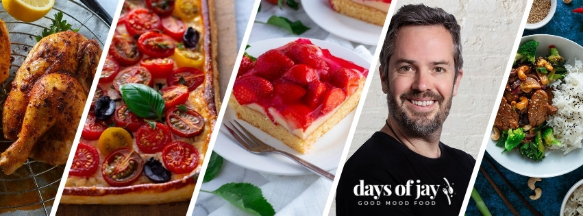 Jay Wadams of Days of Jay surrounded by images of his recipes: chicken, tomato tart, strawberry cake, beef and rice.