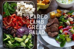 Greek Lamb Salad with roasted Potatoes title card.