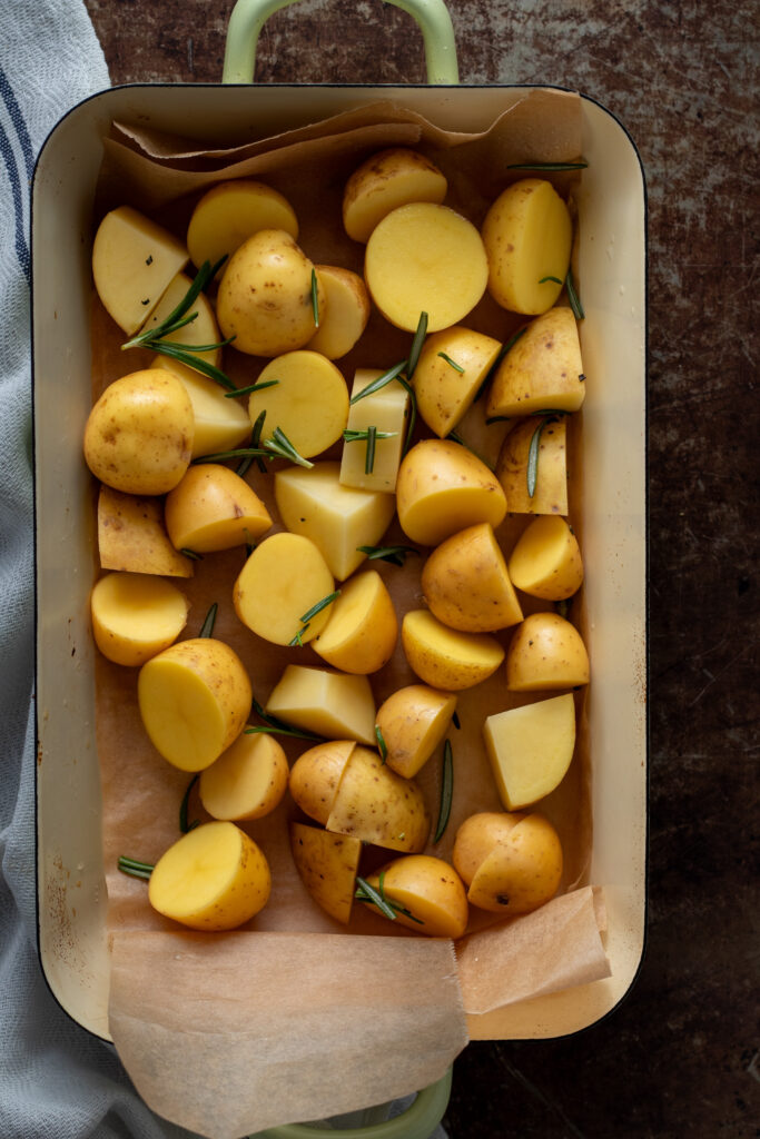 Cubed new potatoes ready to be roasted.