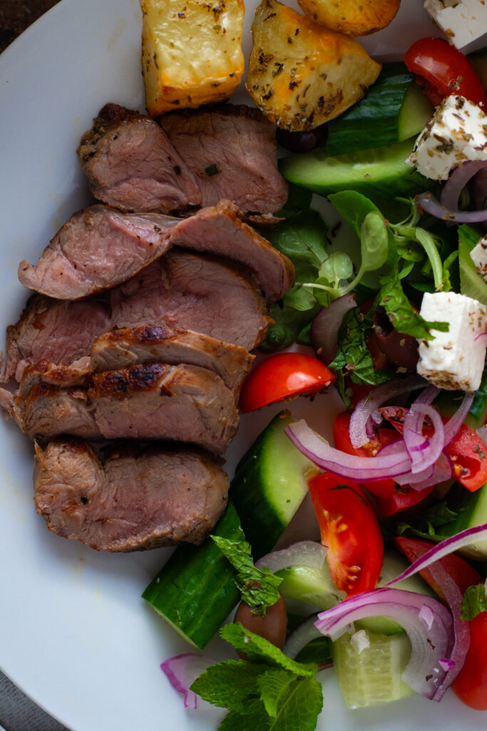 Close up of Greek lamb salad.