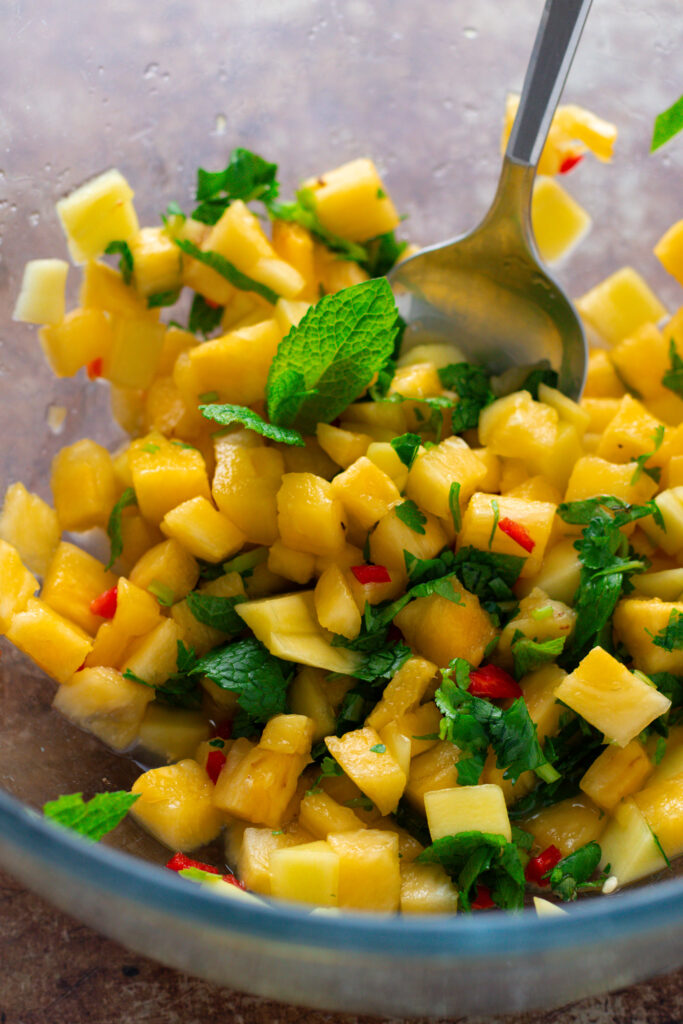 Pineapple salsa in a bowl.