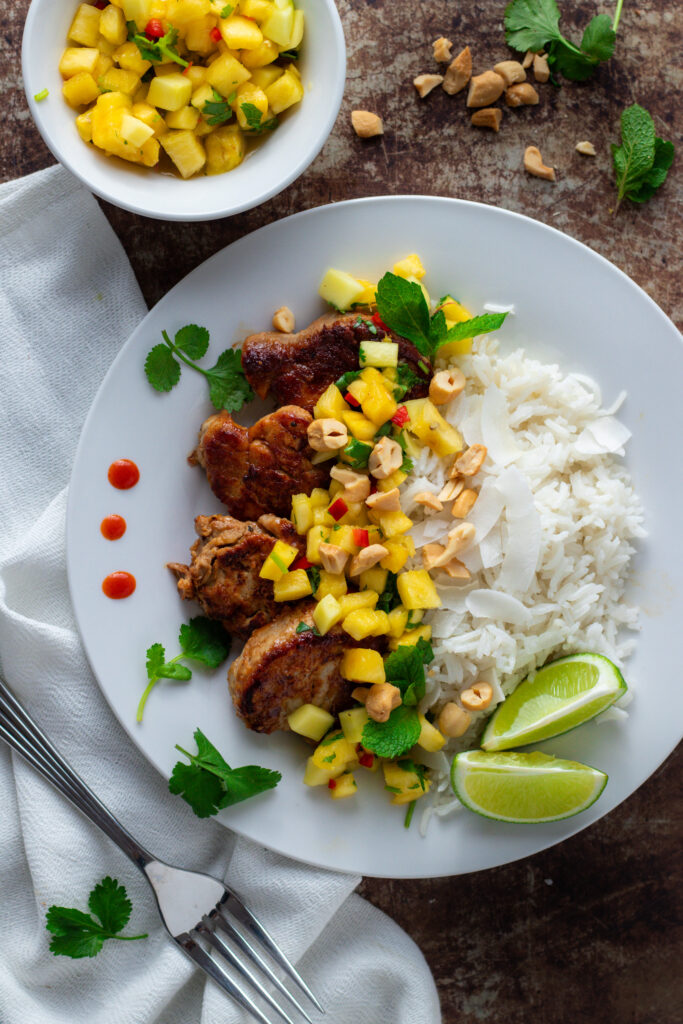 Pork tenderloin with pineapple salsa and basmati rice with fresh lime.