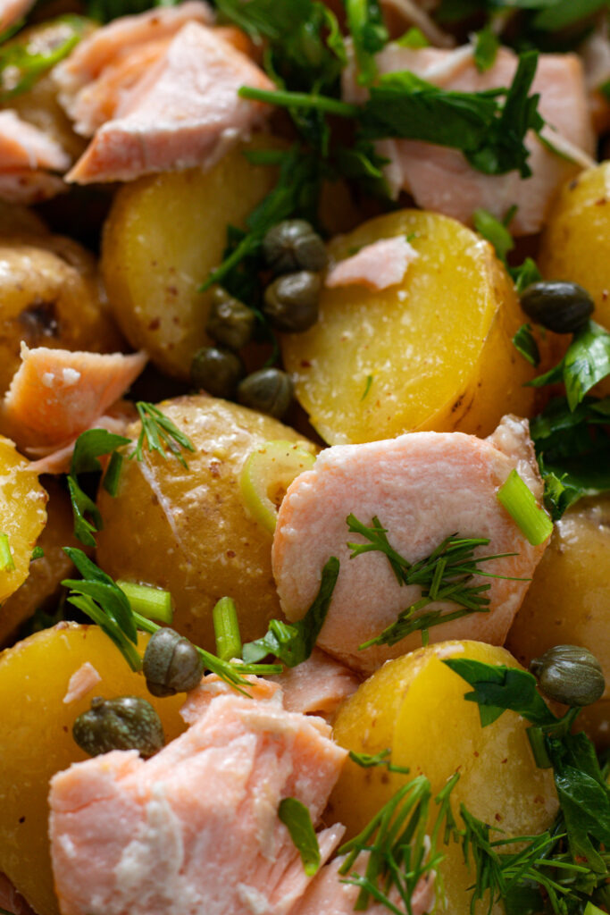 Close up of warm salmon and potato salad.