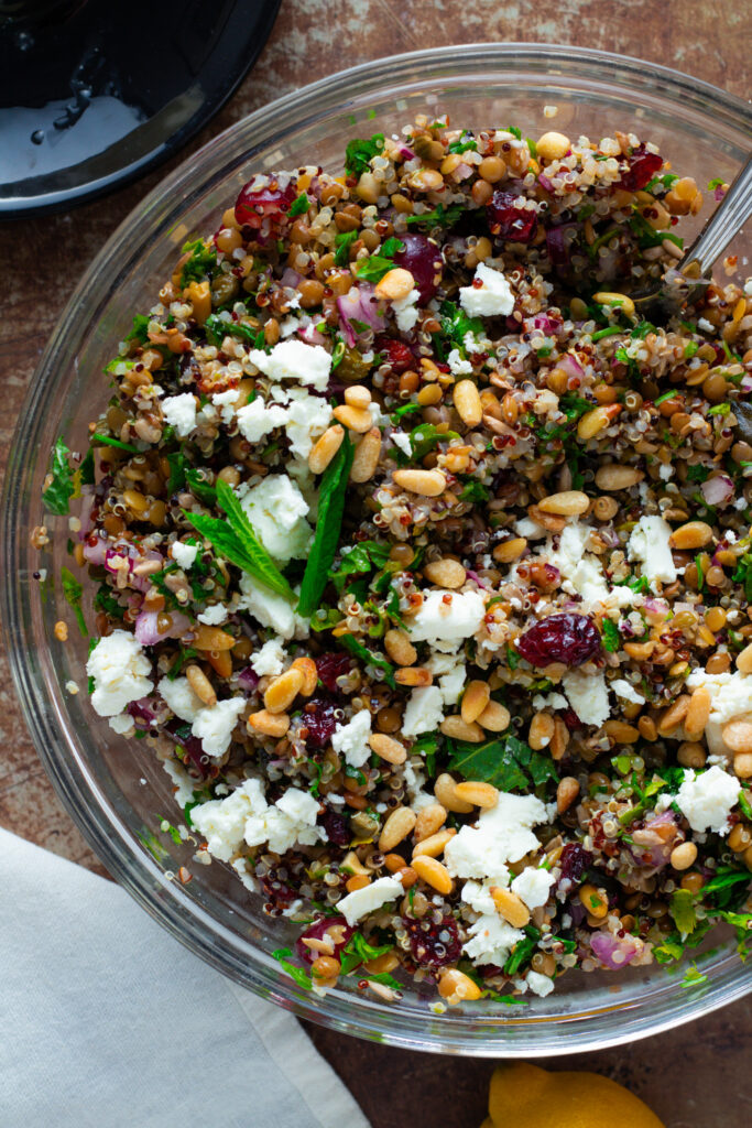 Quinoa and Lentil Salad with feta and fresh herbs.