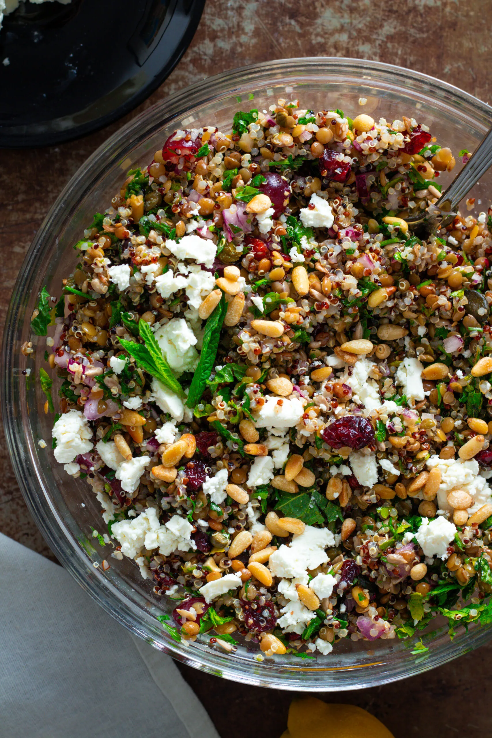 Quinoa and Lentil Salad with feta and fresh herbs.