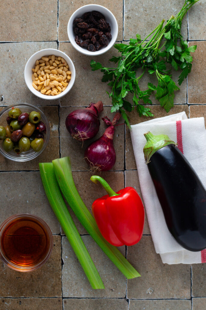 Ingredients for caponata, seen from above.