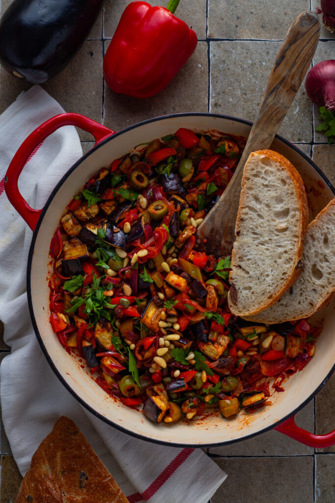 Caponata in a cooking dish seen from above.