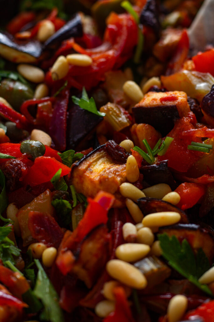 Italian Eggplant Caponata in a cooking dish.