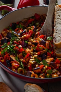 Italian Eggplant Caponata in a cooking dish.