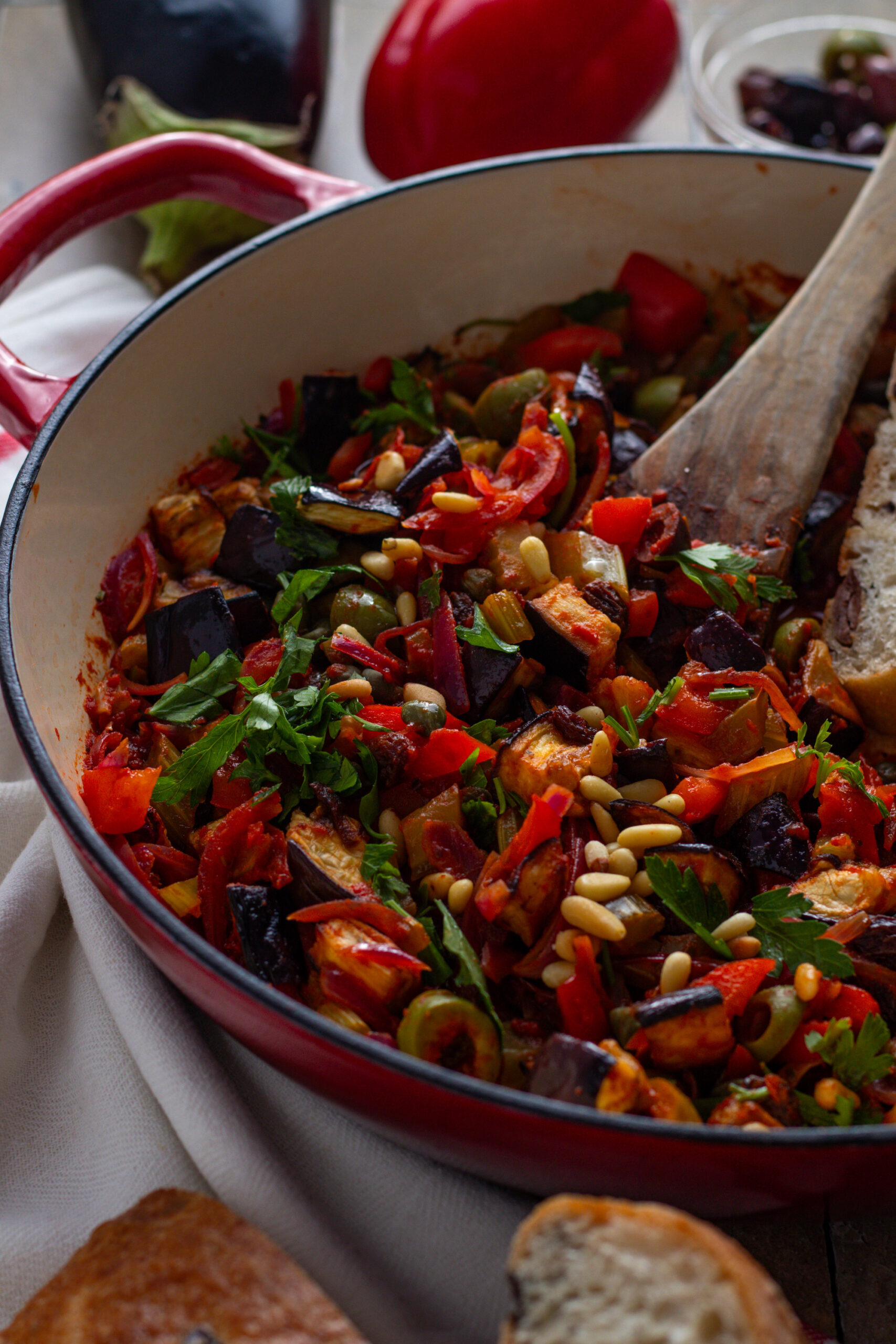 Italian Eggplant Caponata in a cooking dish.