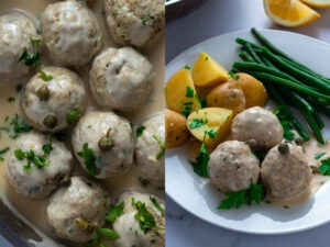 Königsberger Klopse: German meatballs in creamy caper sauce, served with potatoes and green beans.