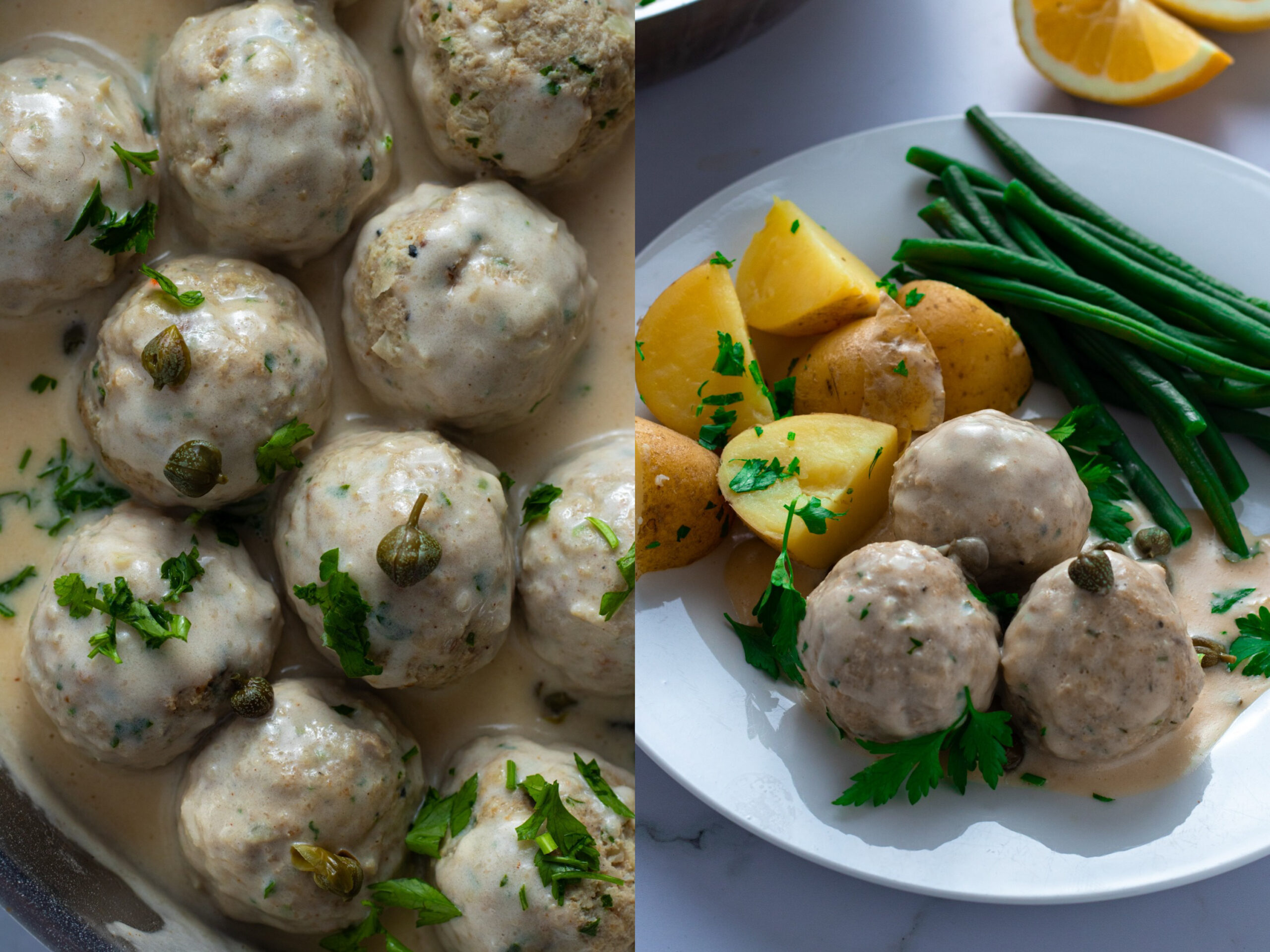 Königsberger Klopse: German meatballs in creamy caper sauce, served with potatoes and green beans.