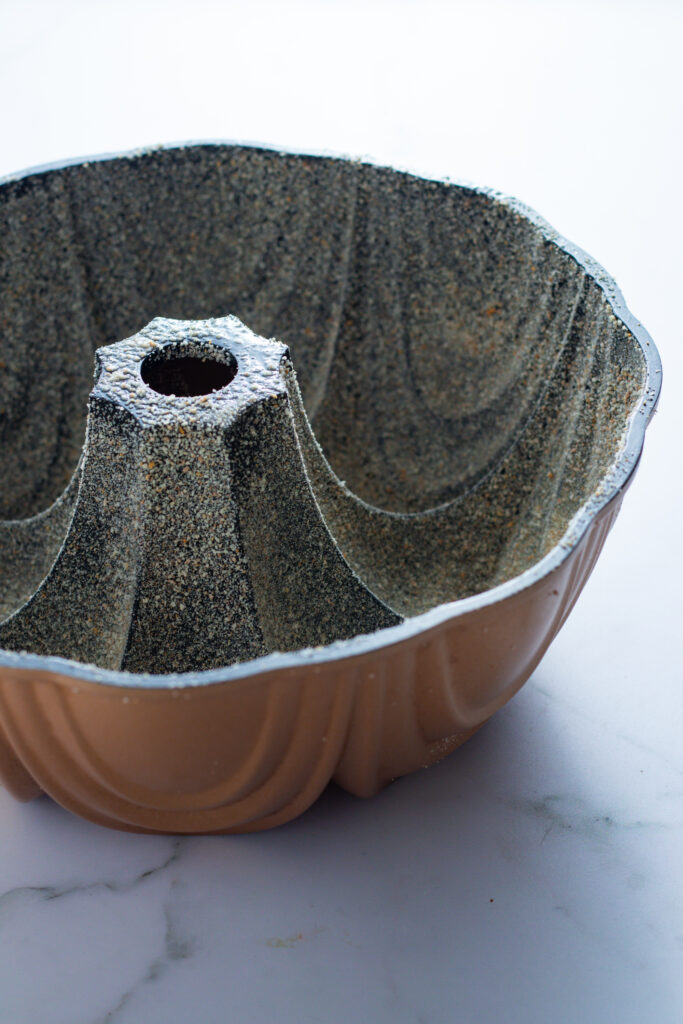 Prepared Bundt pan, ready for German marble cake batter.