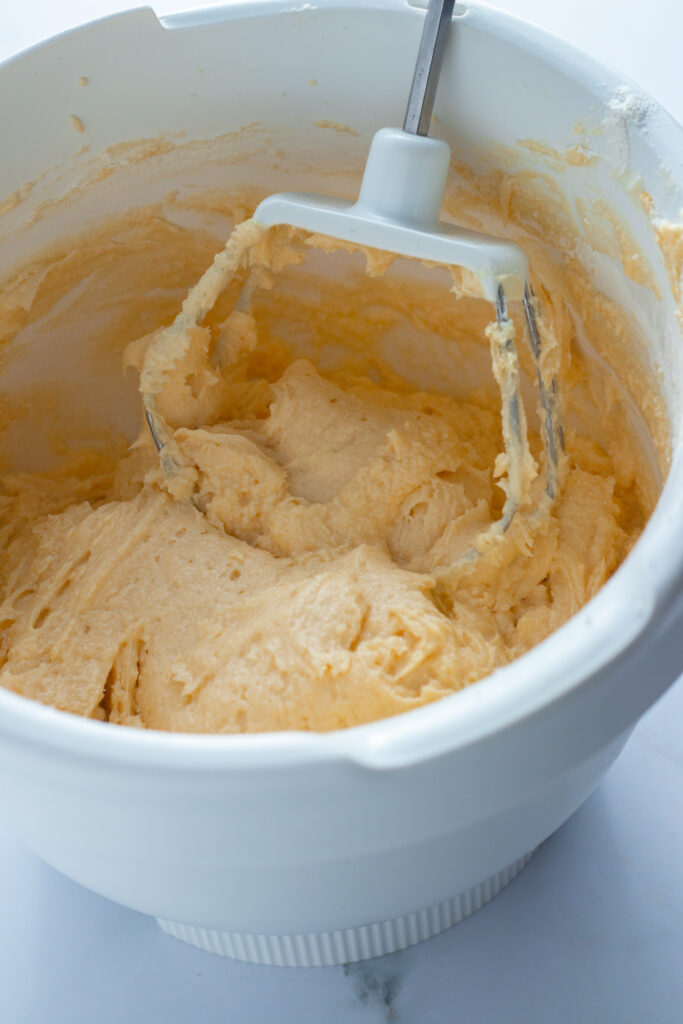 Marmorkuchen batter being mixed in a white bowl with an electric mixer. German Marble Cake preparation.
