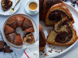 Marble cake slices on plates with coffee and chocolate. Marmorkuchen, a German cake with a swirled pattern.