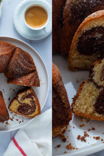 Marble cake slices on plates with coffee and chocolate. Marmorkuchen, a German cake with a swirled pattern.